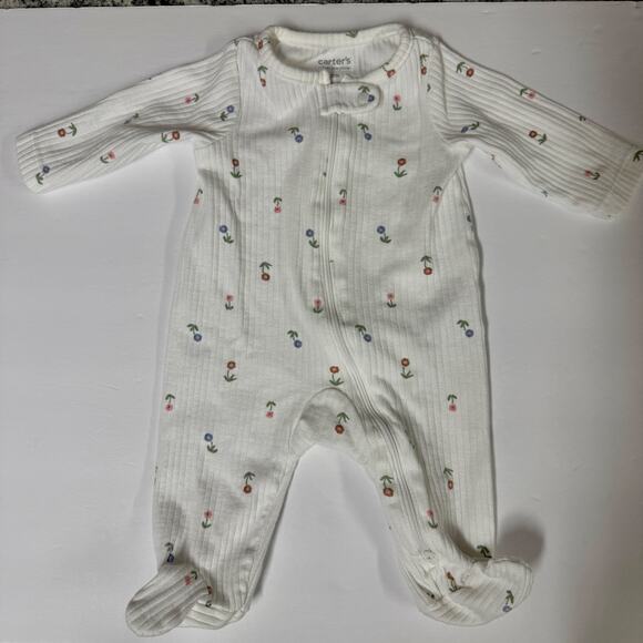 Carter’s Baby Girl Floral Ribbed Long Sleeve Footed Onesie 3 Months 3M - Picture 1 of 3